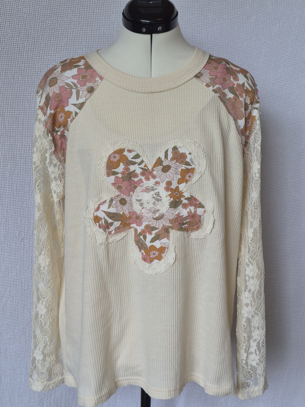 POL Cream Long Sleeve Lace Top with Pink & Tan Floral Appliqué